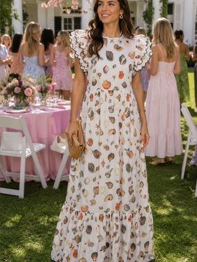 ANTONIO MELANI Seashell Print Ruffle Sleeve Multicolor Maxi Dress, 14